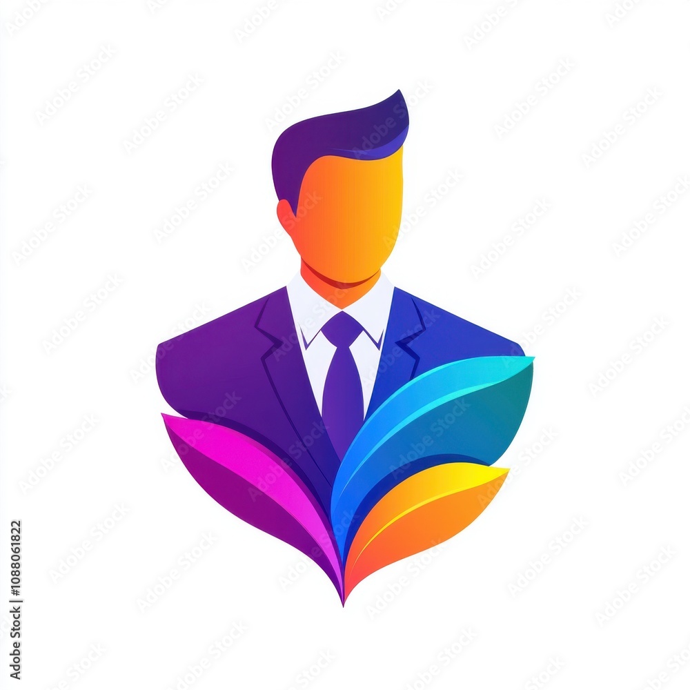 Poster stylized illustration of a professional man in a suit with colorful abstract elements representing c