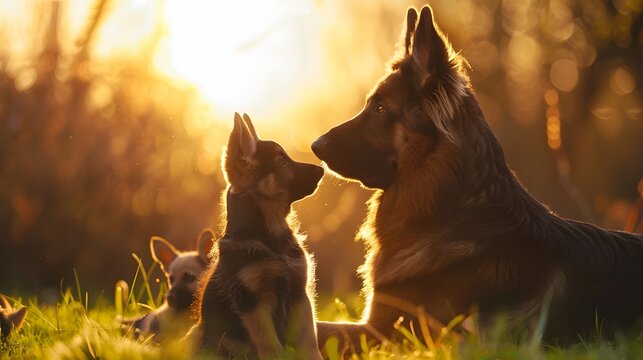 JSd Puppies and Their Mother in a Scenic Floral Meadow
