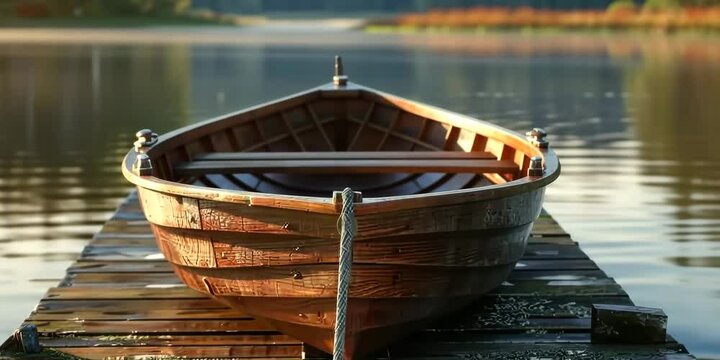 Lake with a wooden rowboat tied to a pier, 4K , Video
