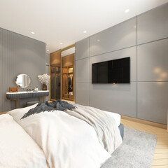 Modern luxury grey bedroom decorated with upholstered headboard, wall-mounted TV, dressing table and wall-mounted wardrobe. 3D rendering
