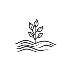 Obraz premium A minimalist black line drawing of a plant growing above wavy lines, symbolizing growth and nature.