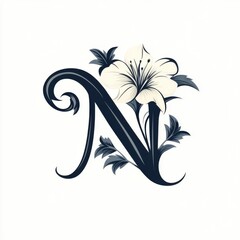 Fototapeta premium Elegant decorative letter 'N' with floral elements, featuring a white lily and green leaves.