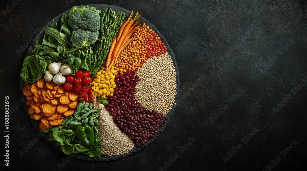 Poster a vibrant array of fresh vegetables, grains, and legumes artistically displayed on a dark surface, r