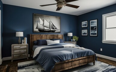 A modern bedroom with a wooden bed frame, blue walls, and a nautical themed picture above the bed