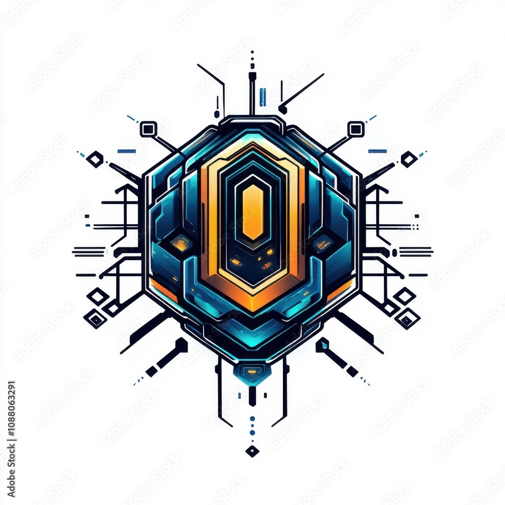 Aufkleber futuristic geometric design featuring a hexagonal shape with intricate patterns in blue and gold ton