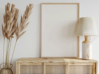 A minimalist living room with a wooden console table, a lamp, and a large empty frame, perfect for showcasing your artwork or photography
