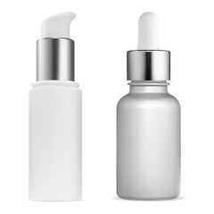 Small dropper bottle mockup. Serum face clear cosmetic, isolated 3d vector template. Airless dispenser package for essence oil, mini flacon. Skin moisturizer loyion vial. Foundation product bottle