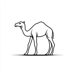 A minimalist black and white illustration of a camel, showcasing its distinct features and long legs.