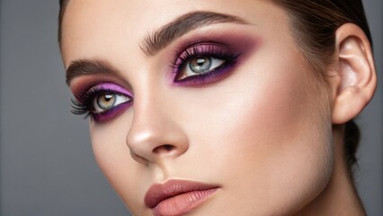 Fototapeta premium This portrait showcases deep violet eyes that seem to draw you in enhanced by a rich plum eyeliner that adds depth. The neutral gray background creates a sophisticated atmosphere