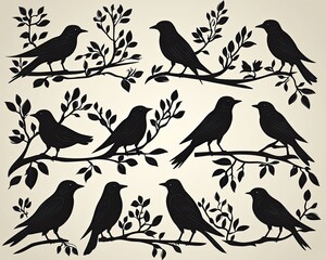 Obraz premium Silhouettes of birds on branches. Perfect for designs about nature, spring, and freedom.