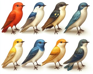 Fototapeta premium Eight colorful birds stand side by side. Illustrates a variety of bird types for use in nature, animal, or wildlife concepts.