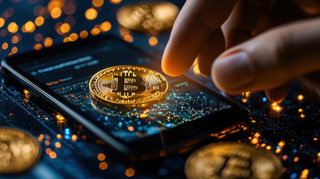 hand interacting with smartphone displaying Bitcoin on circuit board background, symbolizing digital currency transactions and technology