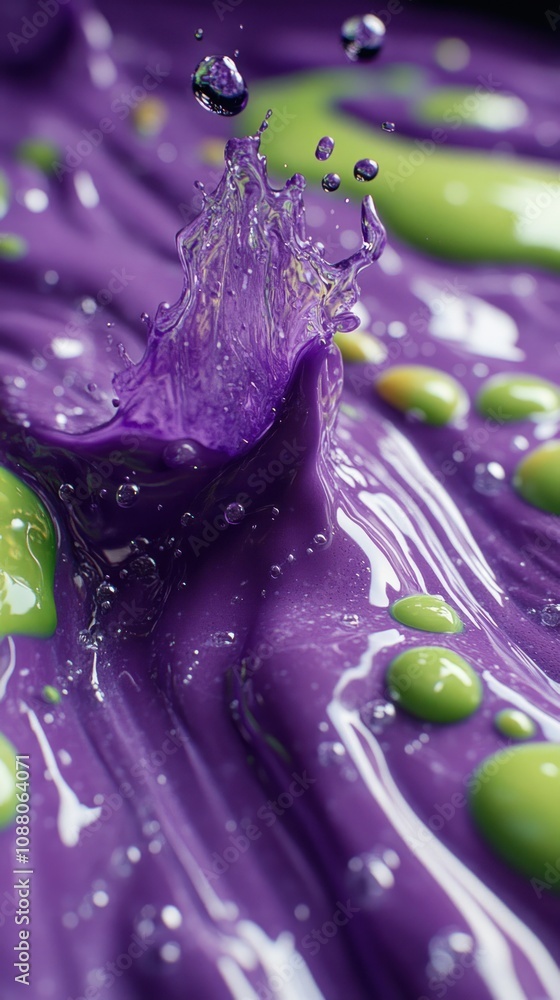 Poster abstract splash of purple and green liquids creating dynamic textures.