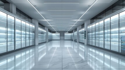 Fototapeta premium Modern, bright, spacious cold storage facility with glass-door refrigerators and marble floor.