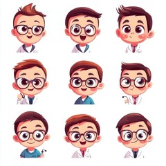 Playful animated boy in various expressions and outfits, showcasing different emotions while wearing glasses.