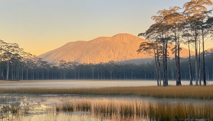 Silhouettes of trees line a lake with a mountain in the distance. This scenic image is perfect for nature, tranquility, or travel themes.