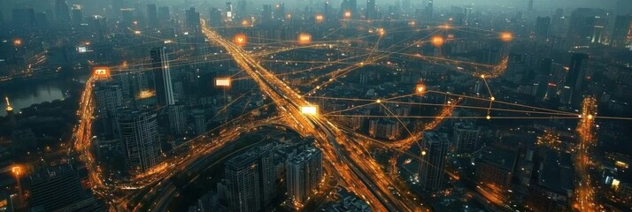 The smart city illuminates as an AI network connects buildings and roads, creating an efficient urban landscape at dusk. Generative AI