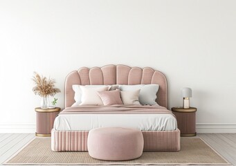 Minimalist bedroom interior design with a white bed, a bedside table with a vase of dried flowers, and a hanging light