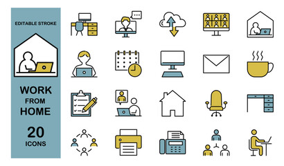 在宅勤務に関するアイコンセット　編集可能　カラー