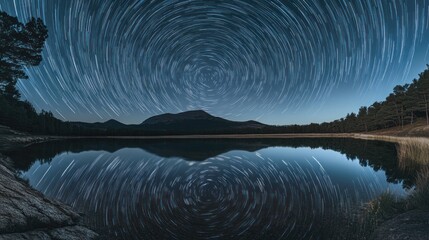 Fototapeta premium Star Trails Over a Tranquil Lake