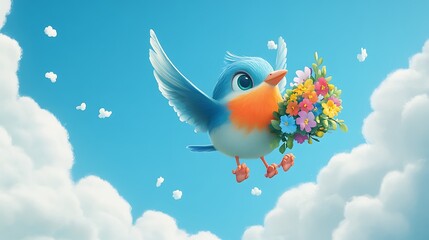 Fototapeta premium Whimsical Bird Flying with Flowers in a Blue Sky