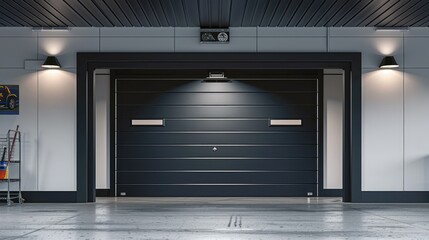 Modern dark gray garage door in a well-lit garage interior with concrete floor.