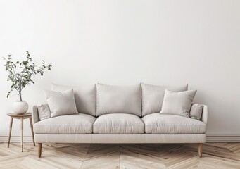 A minimalist living room with a wooden sofa, a side table with dried flowers, and a white wall