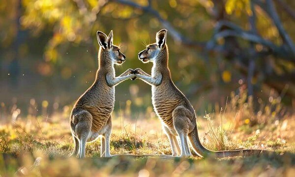 Playful Kangaroos in Sunlit Australian Bush
