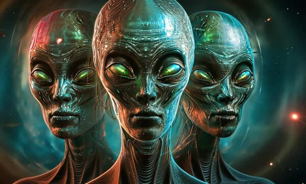 Captivating Close-Up of Three Alien Faces with Mystical Glow