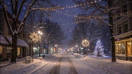 Winter street with sparkling Christmas lights and snowflakes