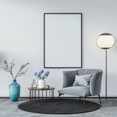 A modern living room with a comfortable armchair, a round coffee table with a vase of flowers, a floor lamp, a blank framed picture, and a gray rug on a concrete floor