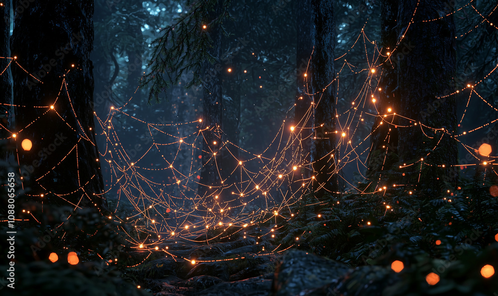 Poster a mystical forest scene illuminated by glowing orbs and connecting lines, creating an enchanting, ot