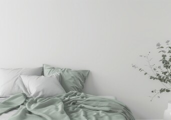 A minimalist bedroom interior with a bed, green blanket, white walls, and a potted plant