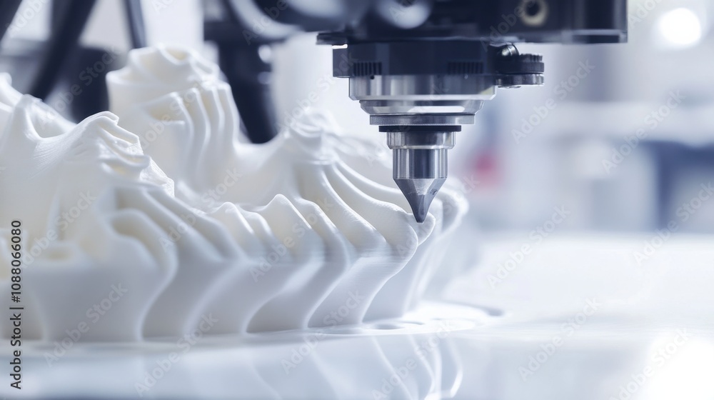Poster a close-up of a high-resolution 3d printer nozzle, in the midst of creating a complex model, additiv