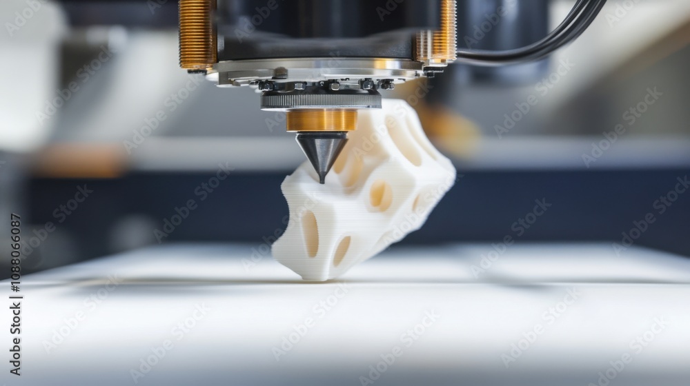 Poster a close-up of a high-resolution 3d printer nozzle, in the midst of creating a complex model, additiv
