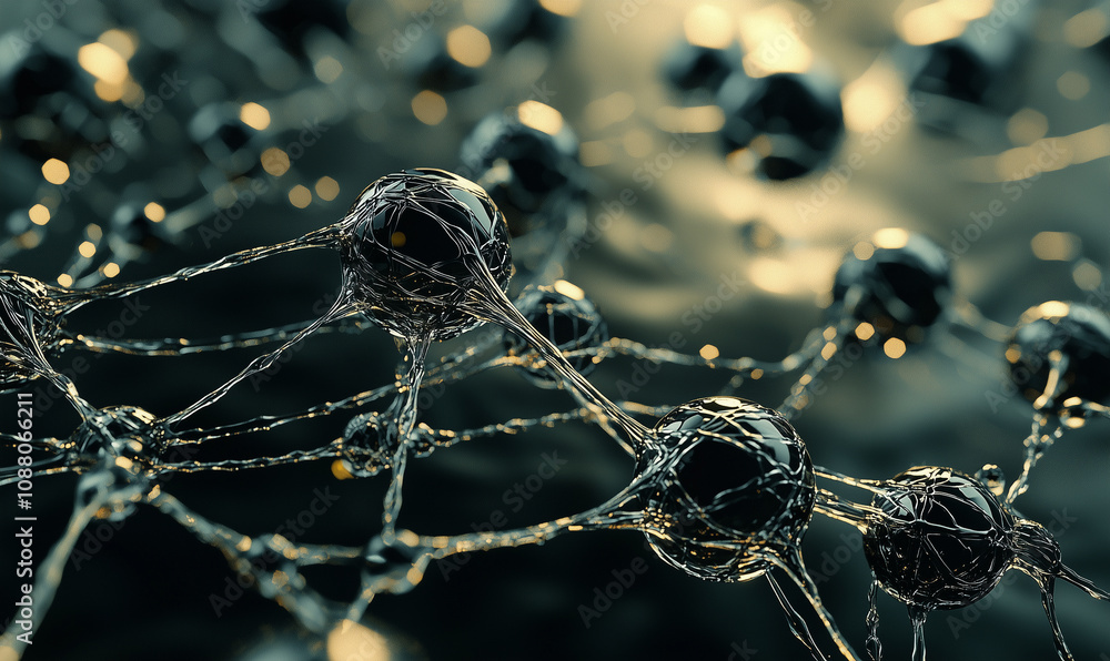 Poster a close-up view of interconnected spheres representing molecular structures, highlighting the comple