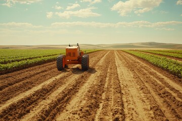 Robotic machines work diligently on a large farm, planting and harvesting crops under a clear blue sky with abundant sunlight. Generative AI