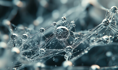 A close-up of water droplets interconnected by fine threads, creating a delicate, ethereal web-like structure against a dark background.