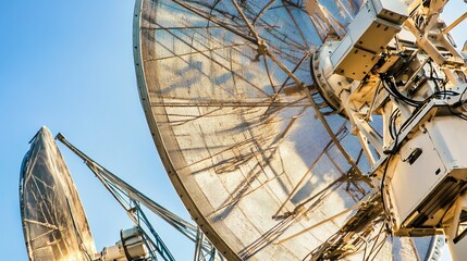 A close-up of a satellite antenna array, transmitting signals across space, Satellite communication style