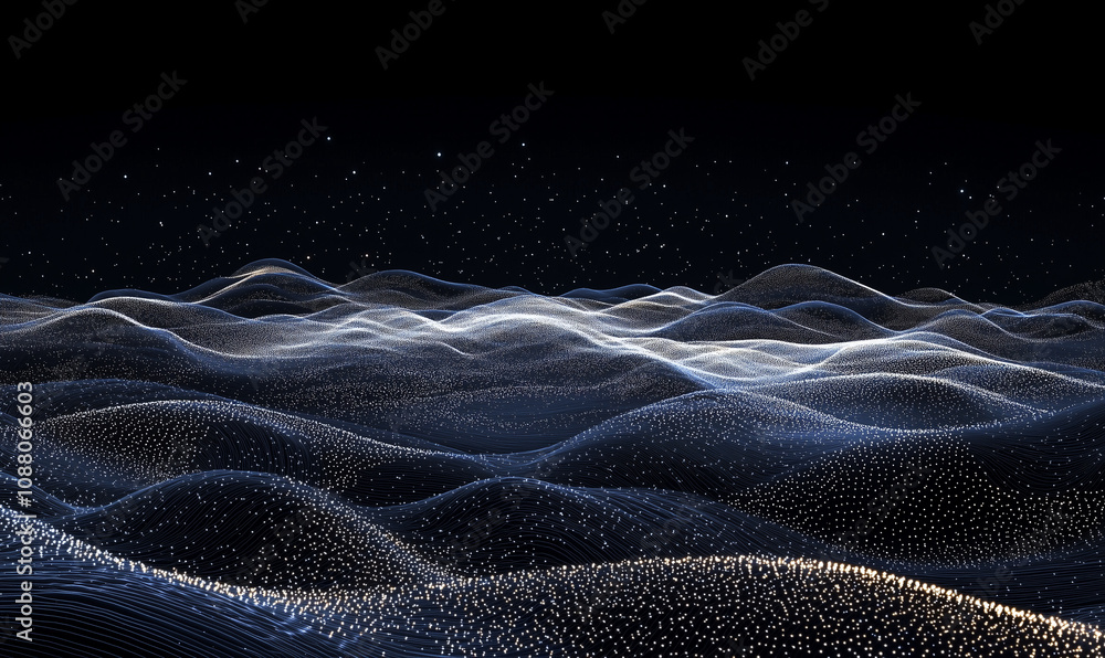 Poster a mesmerizing digital landscape featuring undulating waves of light against a dark backdrop, evoking
