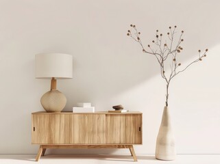 A wooden cabinet with a lamp and a vase of dried flowers on top