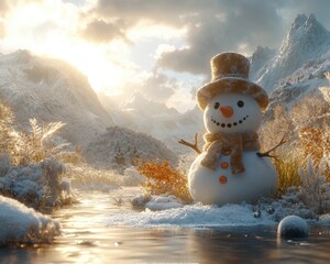 Obraz premium Snowman stands in snowy mountains. This image is perfect for winter, holiday, and nature-themed projects.