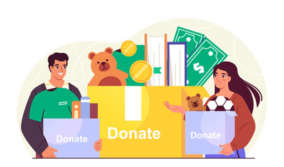 People with donation. Man and woman with boxes of things and toys. Volunteers of charity organization. Generosity and kindness. Flat vector illustration