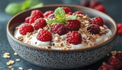 A bowl of yogurt with granola and raspberries. A healthy breakfast option, perfect for a morning meal.