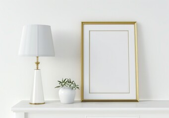 A blank gold frame on a white surface with a table lamp, vase of greenery, and a white pencil holder