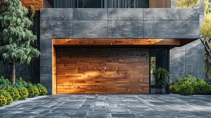 Modern home's wooden garage door, stone facade, and landscaping.
