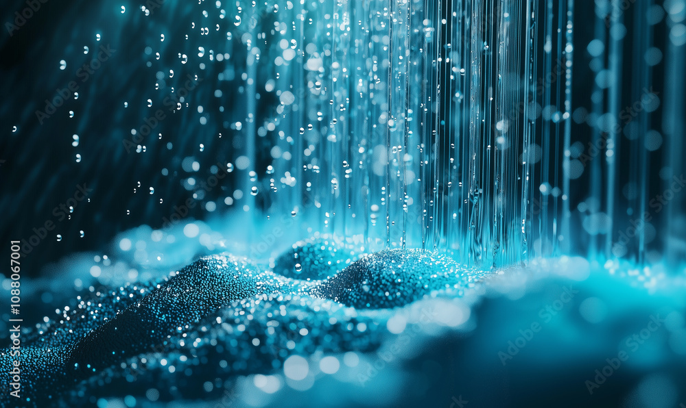 Poster a close-up of shimmering water droplets falling, creating a serene and calming atmosphere with a bea