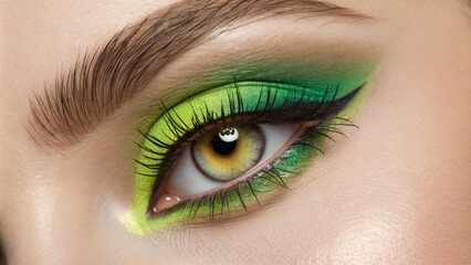 This closeup features an eye with an intense application of neon eyeshadow in an electric green shade. The dazzling highlight in the inner corner accentuates the eyes natural