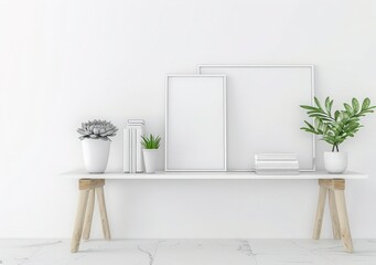 A blank framed poster mock up on a shelf with a succulent and a plant in a pot, books and a white cup