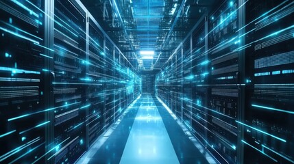 A cutting-edge AI data center with rows of servers, futuristic setting with cool blue lighting and digital interfaces, High-tech style